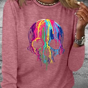 Women's Colorful Melting Skull Art Graphic Halloween Letters Crew Neck Shirt, color:Pink|size:3XL, Lilicloth.com