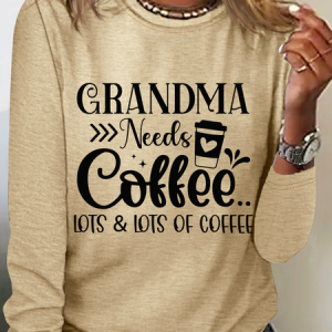 Women's Grandma Needs Text Letters Crew Neck Casual Shirt, color:Khaki|size:3XL, Lilicloth.com