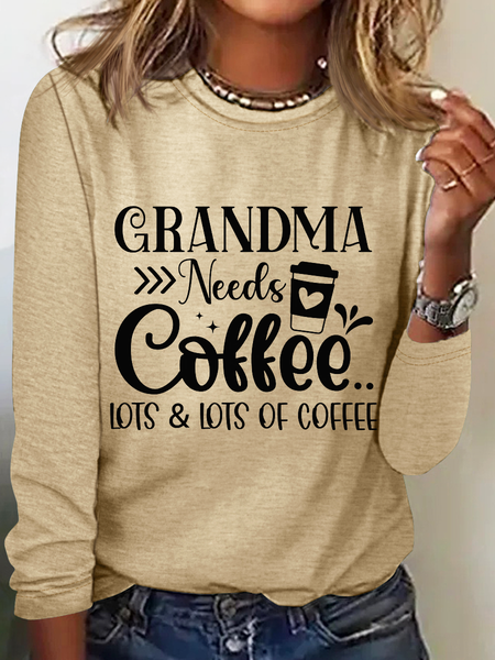 Women's Grandma Needs Text Letters Crew Neck Casual Shirt, color:Khaki|size:3XL, Lilicloth.com