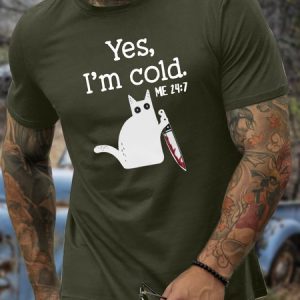 Men’s Yes, I‘m Cold Cat Casual Cotton T-Shirt, color:Army Green|size:3XL, Lilicloth.com