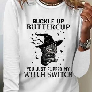 Women's Halloween Buckle Up Buttercup Casual Crew Neck Text Letters Shirt, color:White|size:3XL, Lilicloth.com