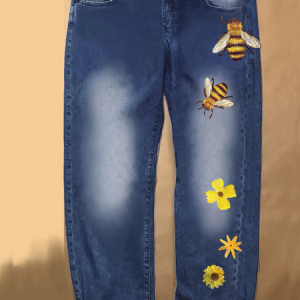 Bee Daisy Denim Casual Loose Jeans, color:Blue|size:3XL, Lilicloth.com