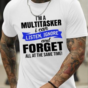 Men’s I'm A Multitasker Crew Neck Text Letters Regular Fit Casual T-Shirt, color:White|size:3XL, Lilicloth.com