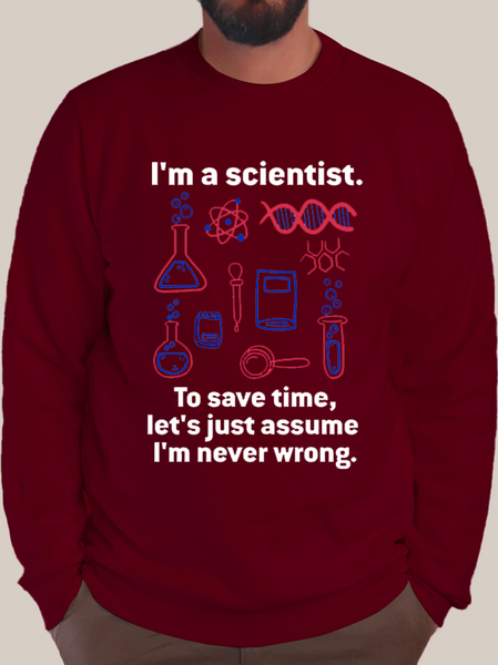 Men's I'M A SCIENTIST TO SAVE TIME LET'S JUST ASSUME I'M NEVER WRONG Casual Cotton-Blend Color Block Sweatshirt, color:Red|size:3XL, Lilicloth.com