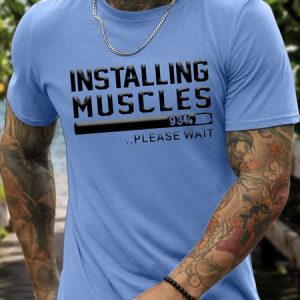 Men’s Installing Muscles  Crew Neck Casual Text Letters T-Shirt, color:Light Blue|size:3XL, Lilicloth.com