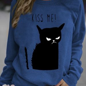 Women's Cute Kiss Me Letter Cat Print Letters Sweatshirt, color:Blue|size:3XL, Lilicloth.com