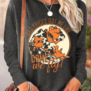 Women's Gas Prices Come We Fly Shirt Halloween Casual Regular Fit Long Sleeve Shirt, color:Gray|size:3XL, Lilicloth.com