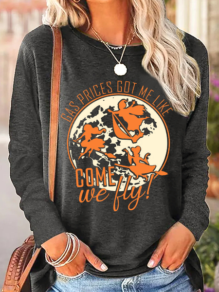 Women's Gas Prices Come We Fly Shirt Halloween Casual Regular Fit Long Sleeve Shirt, color:Gray|size:3XL, Lilicloth.com