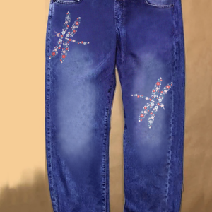 Women's Dragonfly Flower Casual Loose Jeans, color:Blue|size:3XL, Lilicloth.com