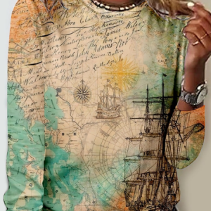Women's Vintage Old Map Print Casual Shirt, color:Khaki|size:5XL, Lilicloth.com