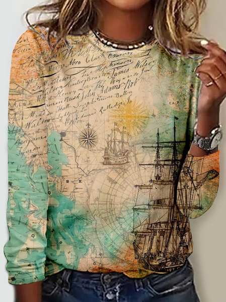 Women's Vintage Old Map Print Casual Shirt, Long sleeves, Lilicloth.com