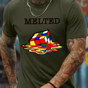 Men’s Melted Rubik's Cube Casual Crew Neck Cartoon T-Shirt, color:Army Green|size:3XL, Lilicloth.com