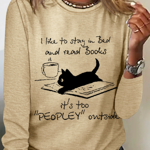 Women's Funny Cat Print Casual Crew Neck Cotton-Blend Shirt, color:Khaki|size:3XL, Lilicloth.com