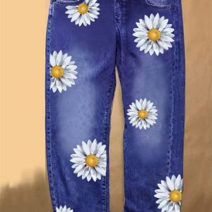 Women's Daisy Print Casual Denim Jeans, color:Blue|size:3XL, Lilicloth.com