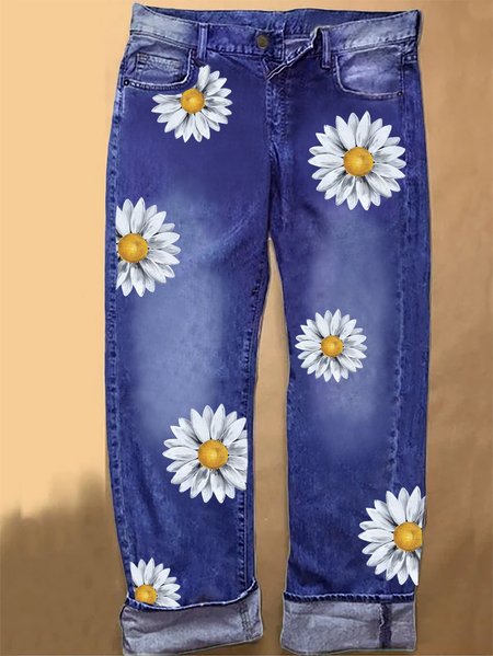 Women's Daisy Print Casual Denim Jeans, color:Blue|size:3XL, Lilicloth.com