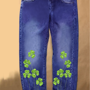 Women's St.Patrick's Day Shamrock Loose Casual Denim Jeans, color:Blue|size:3XL, Lilicloth.com