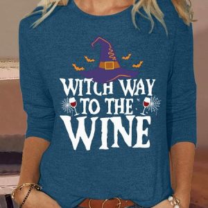 Women's Witch Way To The Wine Halloween Witch Casual  Shirt, color:Blue|size:3XL, Lilicloth.com