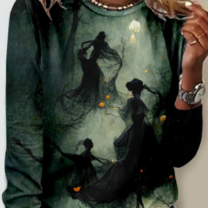 Women's Dancing Forest Witches Pullover Casual Crew Neck Shirt, color:Dark Green|size:5XL, Lilicloth.com