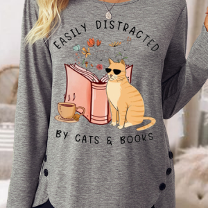Women's Funny Quotes With Cat and Books Easily Distracted By Cats and Books Casual Crew Neck Shirt, color:Gray|size:3XL, Lilicloth.com