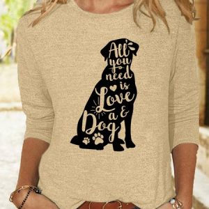 Womens Dog Lover Casual Crew Neck Shirt, color:Khaki|size:3XL, Lilicloth.com