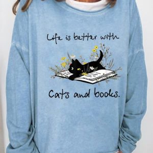 Cat Book Shirt For Women Life Is Better With Cats And Books Simple Sweatshirt, color:Light Blue|size:3XL, Lilicloth.com