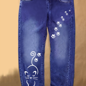 Women's Cat Denim Casual Regular Fit Jeans, color:Blue|size:3XL, Lilicloth.com