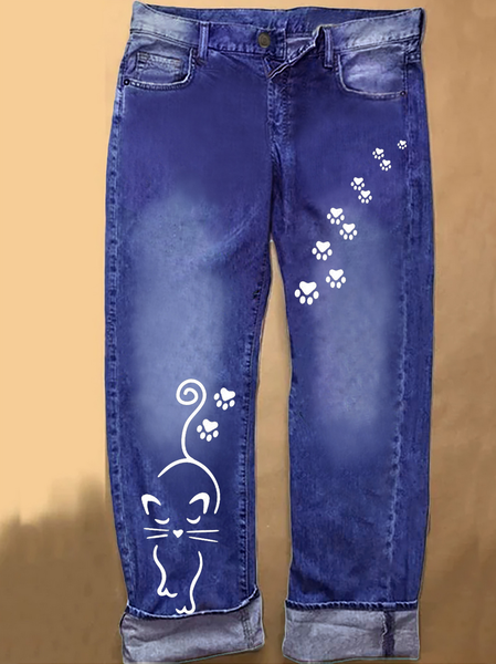 Women's Cat Denim Casual Regular Fit Jeans, color:Blue|size:3XL, Lilicloth.com