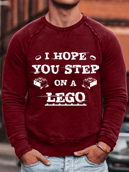 Men's I HOPE YOU STEP ON A LEGO Crew Neck Casual Loose Text Letters Sweatshirt, color:Red|size:3XL, Lilicloth.com