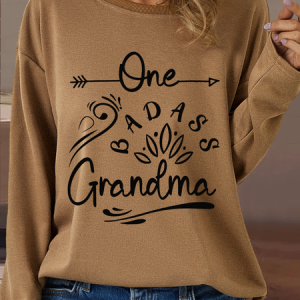 Women's Badass Grandma Crew Neck Text Letters Casual Sweatshirt, color:Khaki|size:3XL, Lilicloth.com
