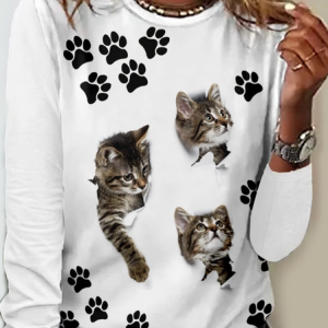 Woman ‘S CAT Regular Fit Crew Neck Casual Shirt, color:White|size:3XL, Lilicloth.com