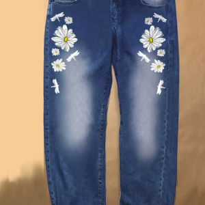 Women‘s Dragonfly Daisy Denim Casual Loose Jeans, color:Blue|size:3XL, Lilicloth.com