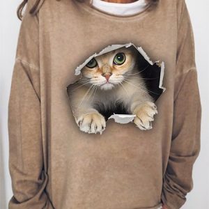 3D Cat Graphic Crew Neck Sweatshirt Cute Animal Long Sleeve Top, color:Light Brown|size:3XL, Lilicloth.com