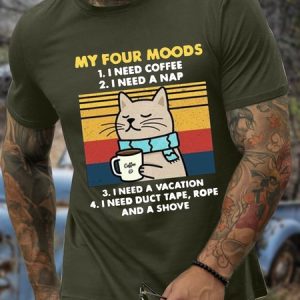 Mne’s Cat Crew Neck Casual Cotton T-Shirt, color:Army Green|size:3XL, Lilicloth.com