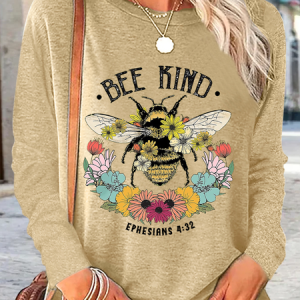 Women's Bee Kind Cotton-Blend Casual Crew Neck Long Sleeve Shirt, color:Khaki|size:3XL, Lilicloth.com