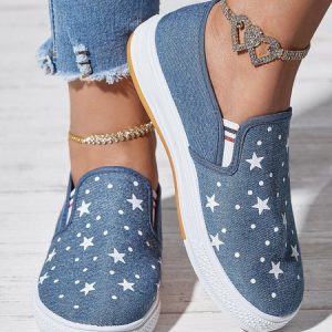 Independence Day Flag Stars Graphics Denim Blue Slip-ons Canvas, color:Light Blue|size:40, Lilicloth.com