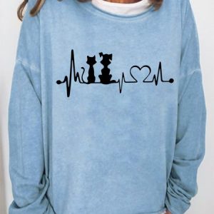 Women's Cat Dog Silhouette Graphic Crew Neck Sweatshirt, color:Light Blue|size:3XL, Lilicloth.com