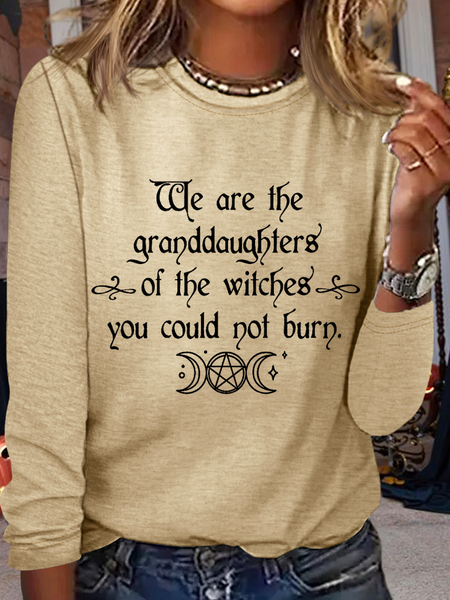 Halloween We Are The Granddaughters Of The Witches You Could Not Burn Crew Neck Cotton-Blend Casual Long Sleeve Shirt, color:Khaki|size:3XL, Lilicloth.com