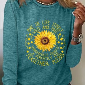 Women's Sunflower Letters Cotton-Blend Shirt, color:Green|size:3XL, Lilicloth.com