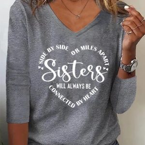Women Sister Text Letters Regular Fit Casual V Neck T-Shirt, color:Gray|size:3XL, Lilicloth.com