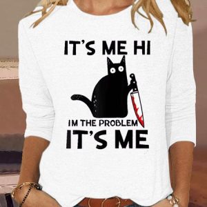 Women's Funny It's Me Letter Cat Print Crew Neck Casual Shirt, color:White|size:3XL, Lilicloth.com