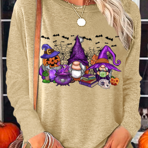 Women's Halloween Gnome Casual Halloween Regular Fit Shirt, color:Khaki|size:3XL, Lilicloth.com