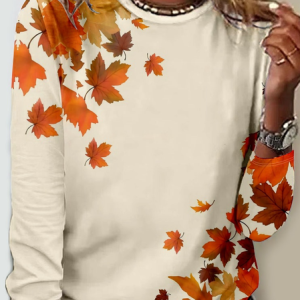 Women's Crew Neck Maple Leaf Simple Shirt, color:Orange|size:3XL, Lilicloth.com