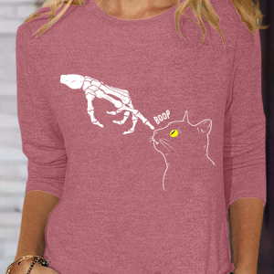 Women's Cat Spooky Boop Cotton-Blend Crew Neck Halloween Casual Shirt, color:Pink|size:3XL, Lilicloth.com
