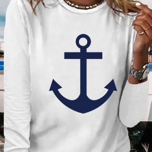 Women's Casual Crew Neck Anchor Shirt, color:White|size:3XL, Lilicloth.com