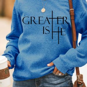 Women's Greater Is He Crew Neck Casual Sweatshirt, color:Blue|size:3XL, Lilicloth.com