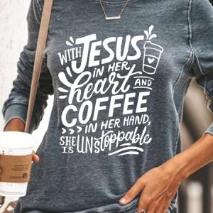 Women's Jesus And Coffee Casual Cotton-Blend Sweatshirt, color:Gray|size:3XL, Lilicloth.com