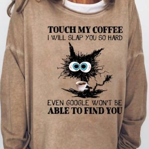 Women's Funny Coffee Letter Black Cat Casual Sweatshirt, color:Light Brown|size:3XL, Lilicloth.com