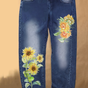 Womens Sunflower Butterfly Casual Printed Jeans, color:Blue|size:3XL, Lilicloth.com
