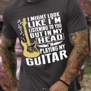 Men’s GUITAR Casual Crew Neck T-Shirt, color:Deep Gray|size:3XL, Lilicloth.com