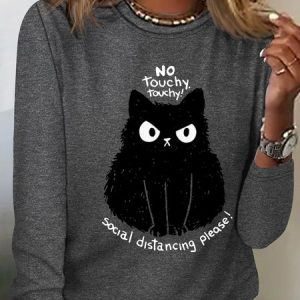 Women's No Touchy Letter Cat Print Letters Casual Shirt, color:Gray|size:3XL, Lilicloth.com